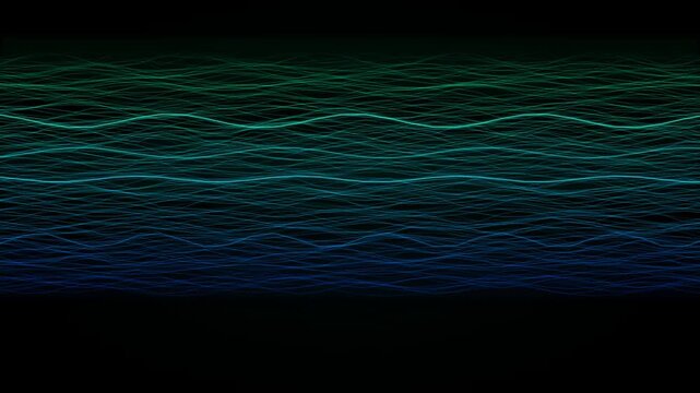 A mesmerizing display of wavy lines in shades of green and blue against a black background