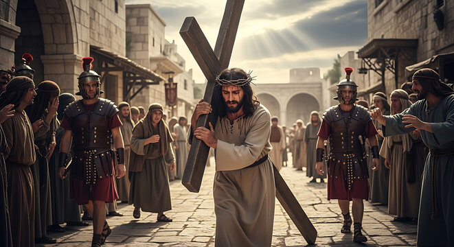 Jesus Christ carrying the heavy wooden cross wearing a crown of thorns, a powerful depiction of the Christian savior during the sacred passion and crucifixion journey towards Calvary.