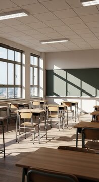 Modern empty school classroom interior with wooden desks and chairs, sunlight through large side windows casting window frame shadows on green chalkboard and wooden floor.