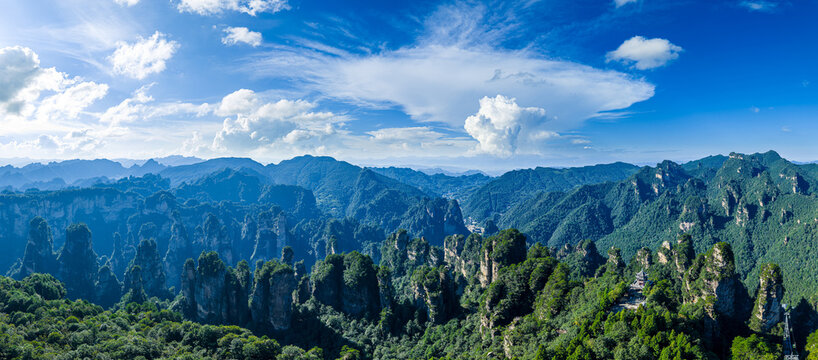 Panoramic view of quartz sandstone pillars in Zhangjiajie National Forest Park, Hunan, China