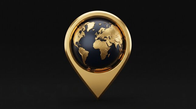 metallic gold map marker Golden globe map pin  encasing a black and gold earth sphere, symbolizing high-end travel, global logistics, and prestigious destinations