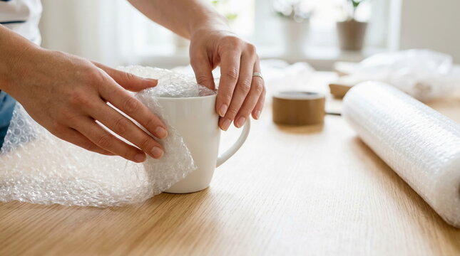 Close-up of hands carefully wrapping a white mug with bubble wrap on a wooden table, preparing for moving or shipping fragile items.