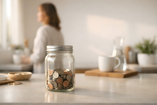 A single mother marks small financial progress by organizing savings jar on clean kitchen counter in minimalist home