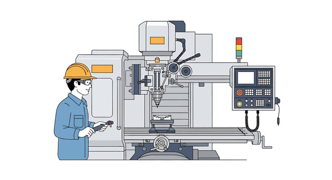 Skilled worker operating advanced CNC milling machine in industrial setting.