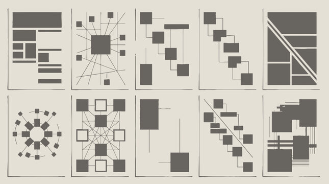 Collection of abstract geometric diagrams and flowchart elements for visual representation of data and processes