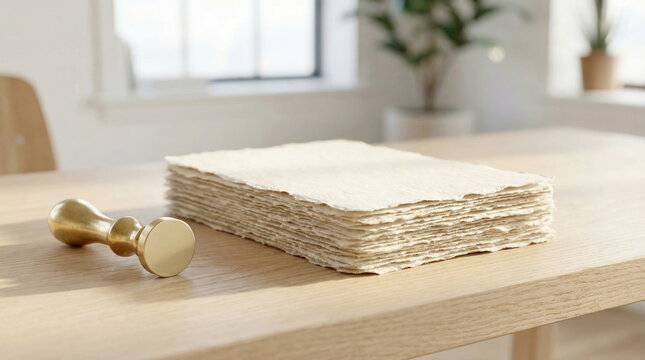 A stack of handmade natural paper with rough edges and a brass wax seal on a light wooden table, perfect for elegant stationery.