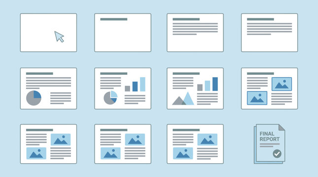 Illustrated document creation lifecycle showcasing the development of business presentations and reports, progressing from initial slides to a comprehensive final report