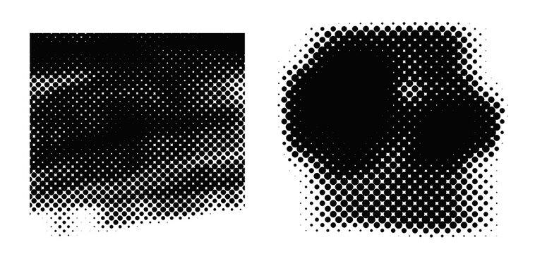 Dual halftone textures showing dark gradient and circular dot clusters.