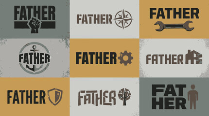 Obraz premium Collection of modern flat designs featuring the word Father and related icons symbolizing strength, guidance, and family