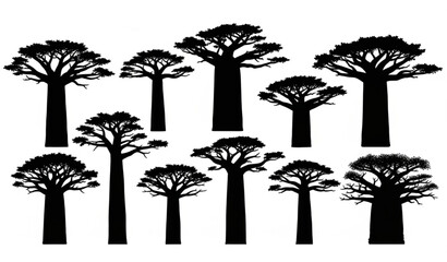  African baobab tree silhouettes vector set with iconic savanna trees isolated on white © MST. SUFIYA