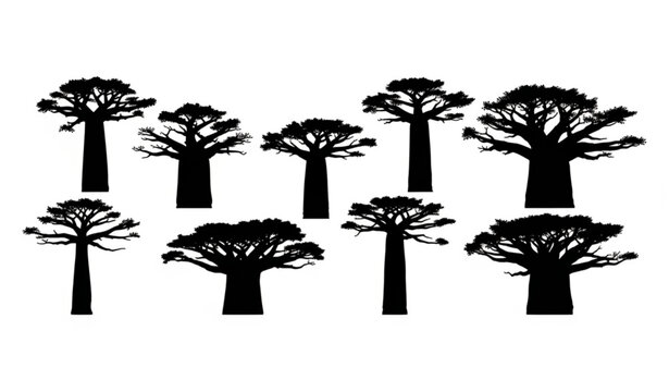 African baobab tree silhouettes vector set with iconic savanna trees isolated on white