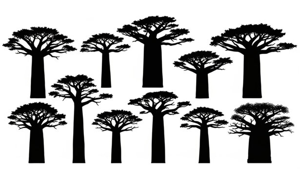  African baobab tree silhouettes vector set with iconic savanna trees isolated on white