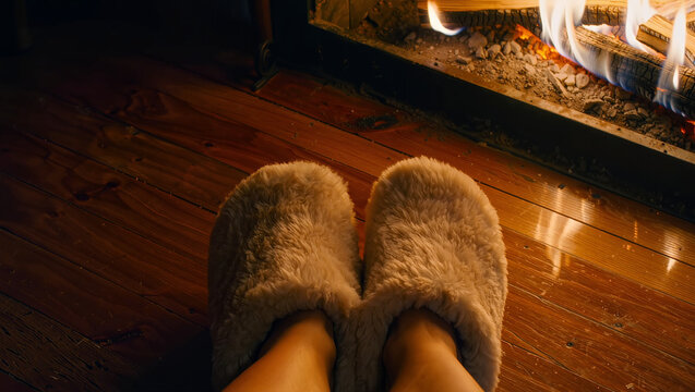 Cozy Winter Evening at Home with Warm Slippers by a Fireplace
