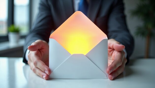 Businessman holding open envelope with magic glowing light. Concept of receiving important message, electronic mail and professional communication. Digital notification and bright news.
