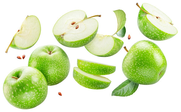 Ripe green apples and apple slices levitating in air on white background. File contains clipping paths.