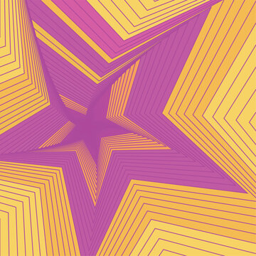 Vibrant fractal star tunnel with layered geometric lines in purple and golden tones creating dynamic optical depth illusion.