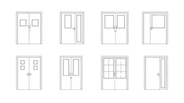 Diverse Architectural Double Door Designs in Minimalist Line Art Style