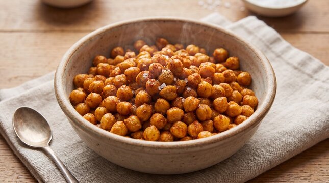Crispy roasted chickpeas seasoned with spices. High-protein vegan snack option for healthy eating and Mediterranean diets.