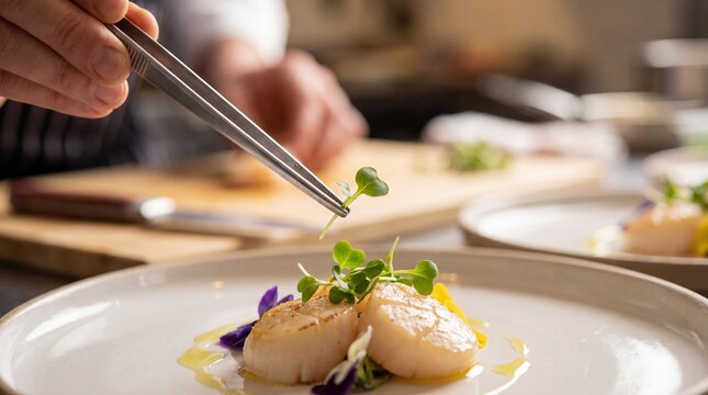 Scallops elegantly plated with microgreens, highlighting culinary artistry and gourmet presentation for fine dining experiences.
