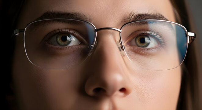 Close-up portrait of a woman wearing glasses and looking directly