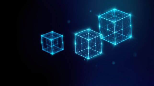 Glowing cubes form abstract shapes. Lines connect points creating futuristic design. Dark background emphasizes bright geometry.