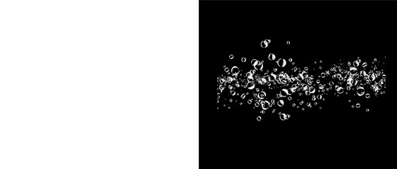 Horizontal trail of air bubbles on transparent and black background set. © Ontime Rahela