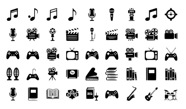Entertainment and Media Icon Set Featuring Music Notes, Microphone, Camera, Video, Gaming Controller, Television, Books, and Multimedia Symbols Vector Collection