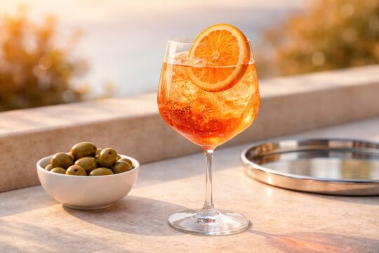 Orange spritz cocktail in balloon glass on sunset terrace