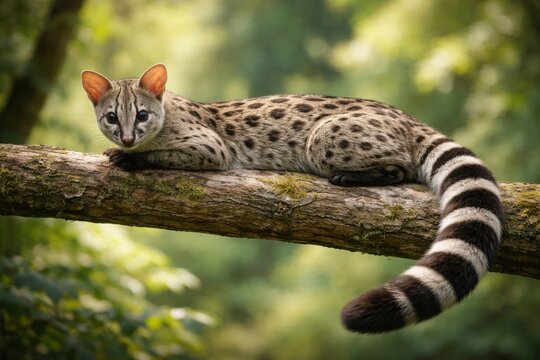 Spotted genet resting on tree branch in forest habitat