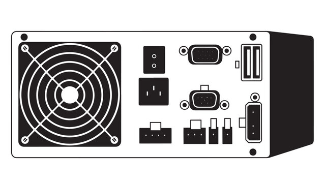 Rear view of computer power supply unit with various connectors and cables for electronic device assembly.