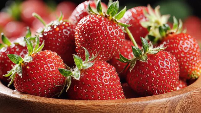 Fresh Ripe Strawberries in a Wooden Bowl Closeup Macro Shot.