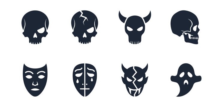 Abstract dark silhouettes of skulls masks and ghost shapes