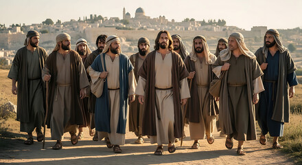 Fototapeta premium Biblical scene of Jesus Christ with his twelve apostles traveling on a rocky desert path toward the holy city of Jerusalem, ancient spiritual journey of religious men in traditional robes.
