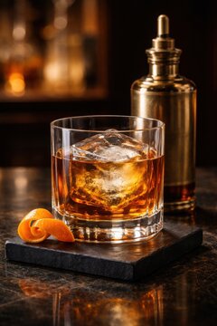 Old fashioned cocktail with large ice cube and brass bitters bottle