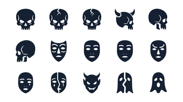 Collection of stylized skull and mask designs on black background