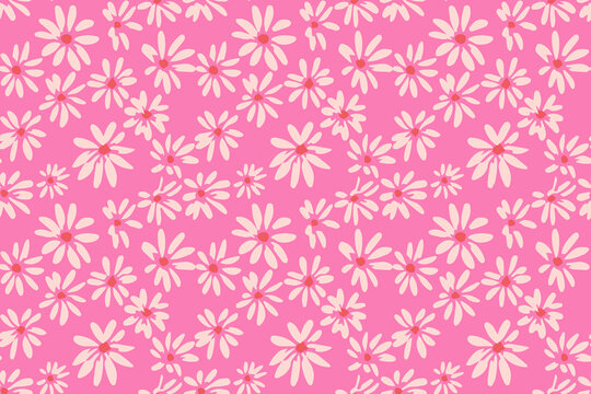 Seamless pattern with soft pink daisies and coral centers on a vibrant pink background. Playful, feminine floral design ideal for textiles, packaging, stationery, wallpapers,  trendy branding