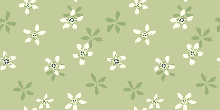 Seamless minimal floral pattern with white flowers and soft green leaves on sage background. Elegant natural repeat perfect for fabric, wallpaper, packaging, stationery and eco branding