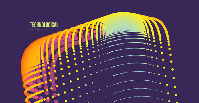 A multitude of dots create a block shape with a color transition and glow. Curved lines pulsate with electrical energy and movement. Industrial style. Suitable for digital projects. Microphone.