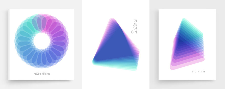 Geometric triangular and circular elements isolated on a white background. Offset and overlapping layers. Semi-transparent element. Template for an invitation to an event or conference. Vector.