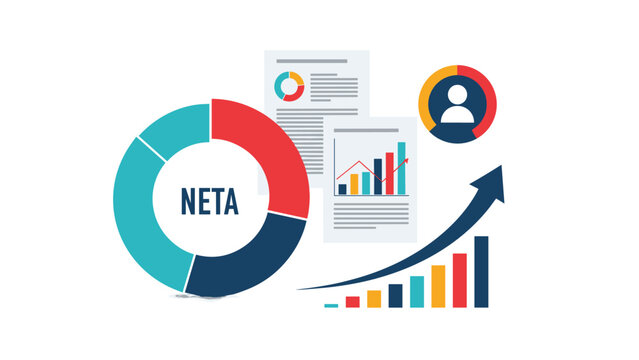 Detailed financial analytics dashboard displays NETA metrics with various graphs and a user profile icon.
