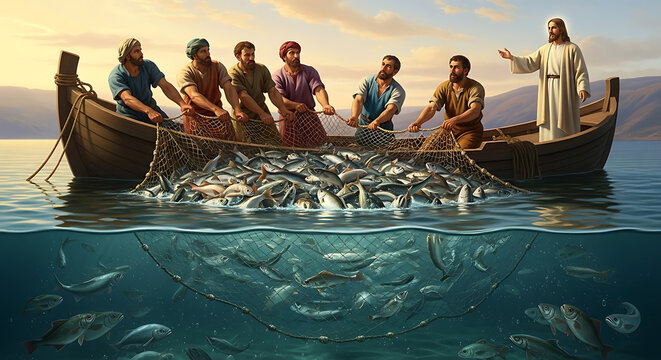 Traditional ancient fisherman hauling a massive mesh net filled with overflowing abundant fish underwater from a rustic wooden boat, depicting a biblical miraculous draught event.