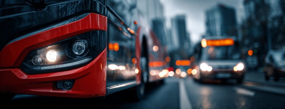 City bus in traffic with modern buildings in the background  
