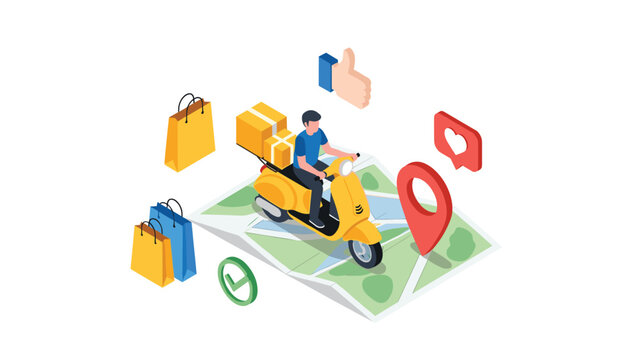 Courier riding a yellow scooter delivers packages across a city map guided by a location pin with customer satisfaction and heart icons for service.