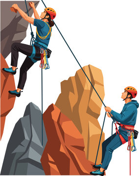Two climbers ascending a steep rocky cliff face with safety equipment.