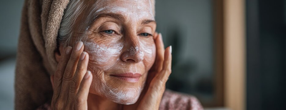 Elderly woman applying facial cleanser while enjoying self-care routine  