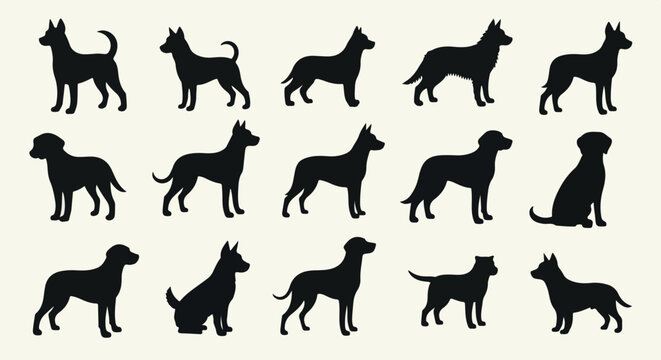 Collection of diverse black dog silhouettes in various poses on a plain background