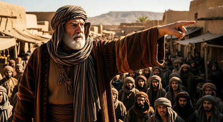 Fototapeta premium Aged wise elder in authentic vintage Middle Eastern apparel looks sternly before pointing with resolute conviction amidst a diverse historical crowd of people during an ancient assembly.
