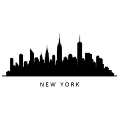 Obraz premium Iconic silhouette of new york city skyline with recognizable landmarks and text label