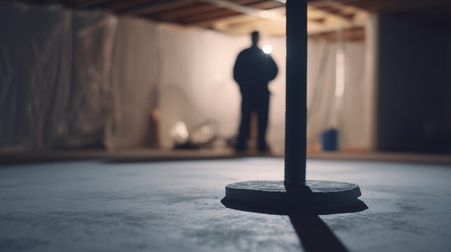 Technician performing radon mitigation in a basement near a fan and pipe install, conveying indoor air safety and radioactive gas reduction.