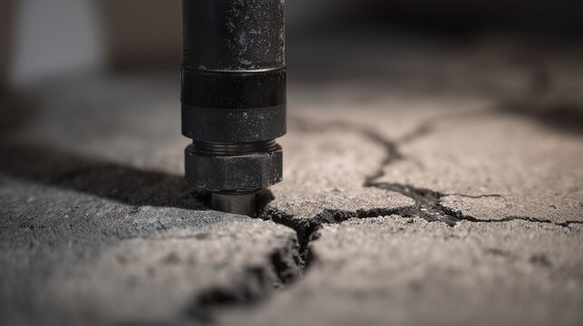 Radon mitigation basement, soil suction pipe inserted into cracked concrete floor to reduce radon entry and direct gas away from living space.